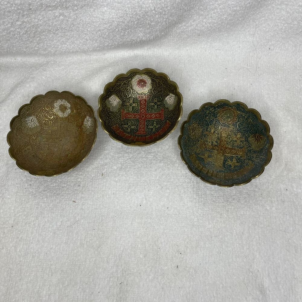 Set of 3 Enameled Brass Bethlehem Bowls-Souvenir